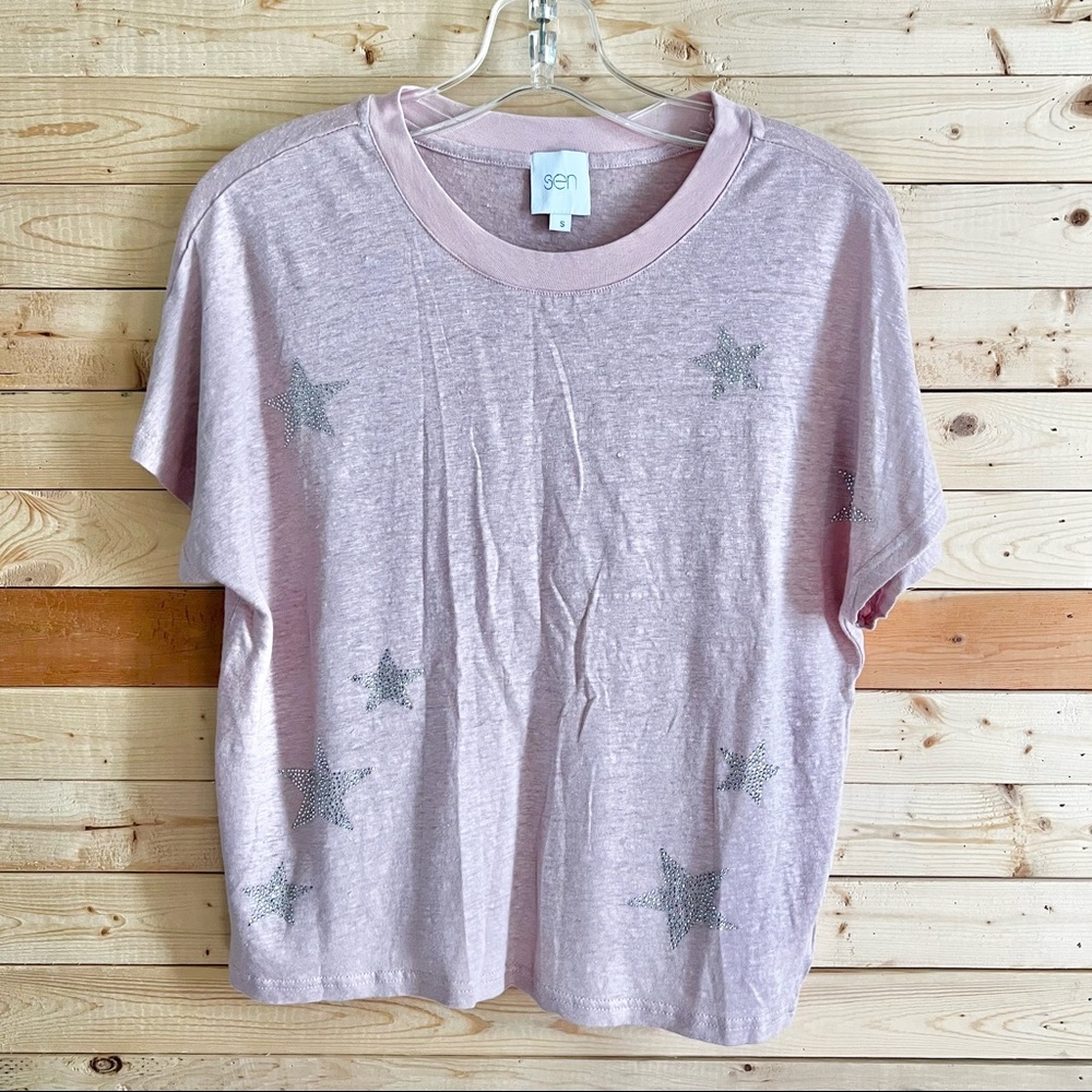SEN Women’s NWOT light Pink 100% Linen Stars Pattern short sleeve top size S
